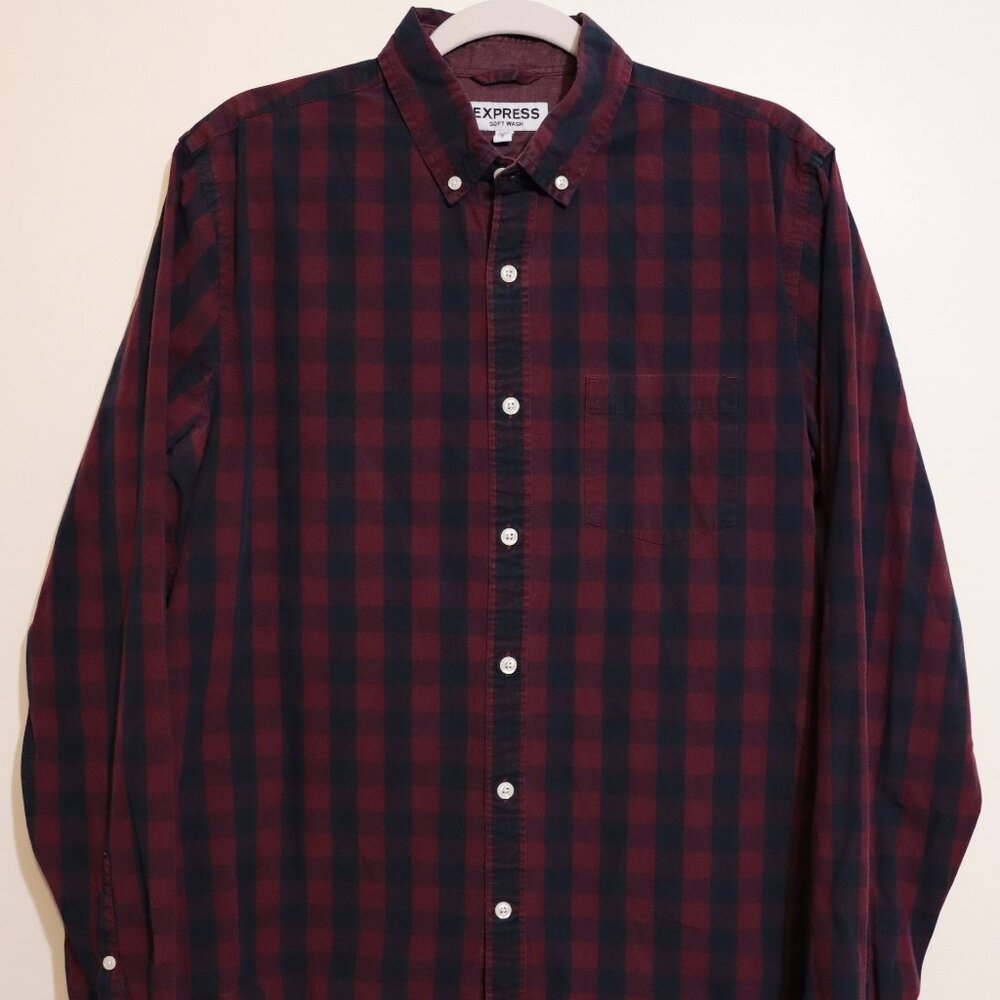 Express Soft Wash Buffalo Plaid Button Down Shirt Red Navy Men’s L